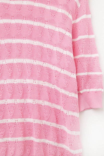 Pink Openwork Knit Top with Short Sleeves and White Stripes