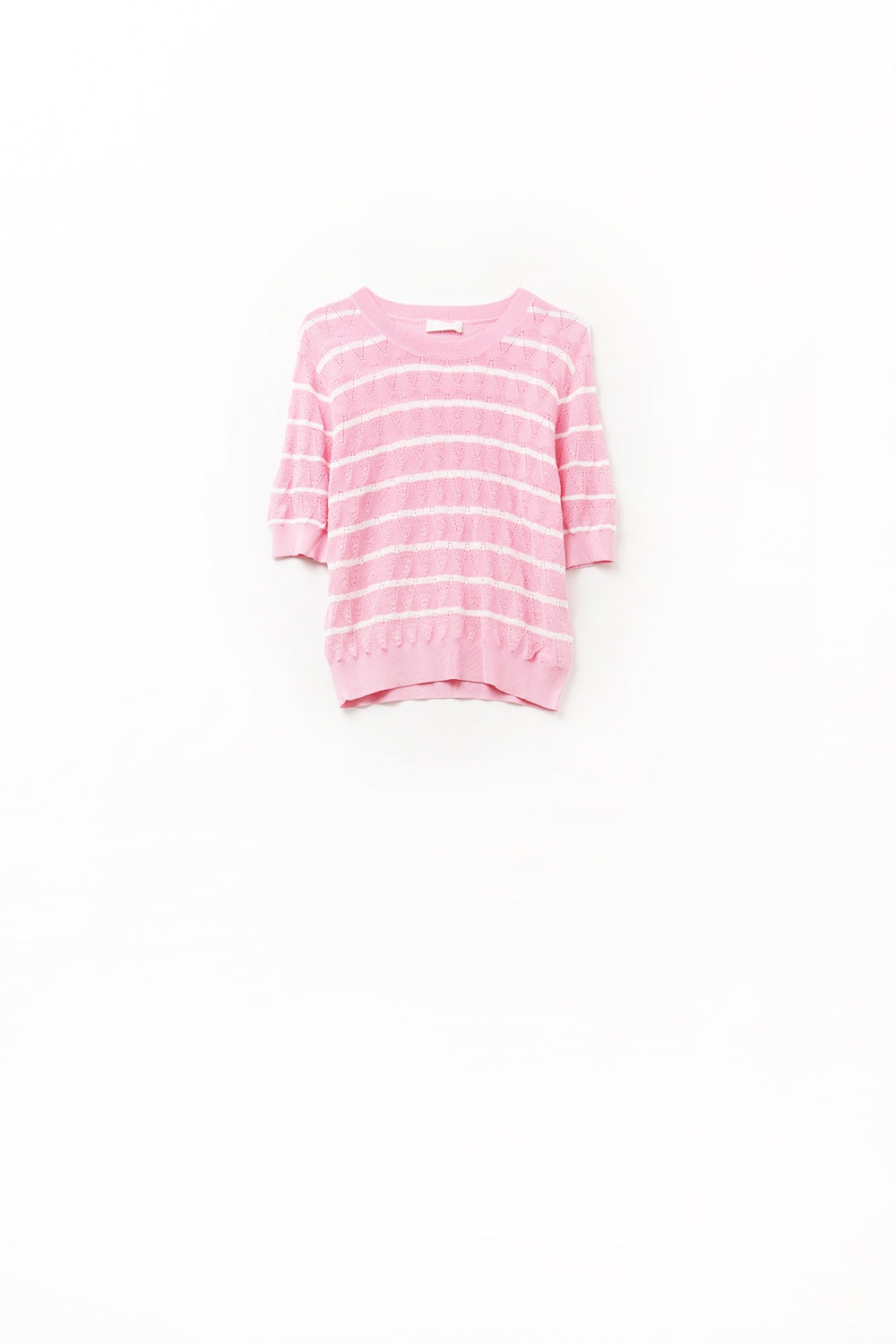 Pink Openwork Knit Top with Short Sleeves and White Stripes