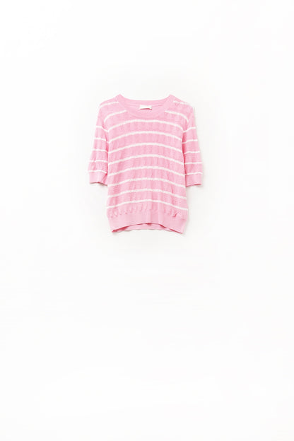 Pink Openwork Knit Top with Short Sleeves and White Stripes