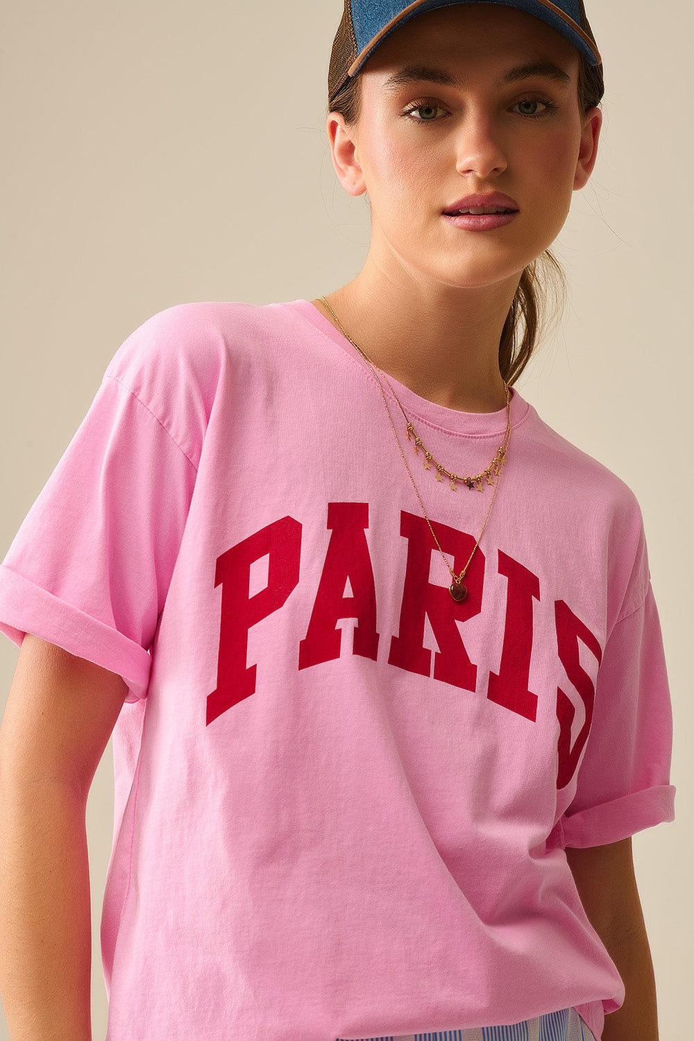 Pink Paris Relaxed T-shirt with Red Letters