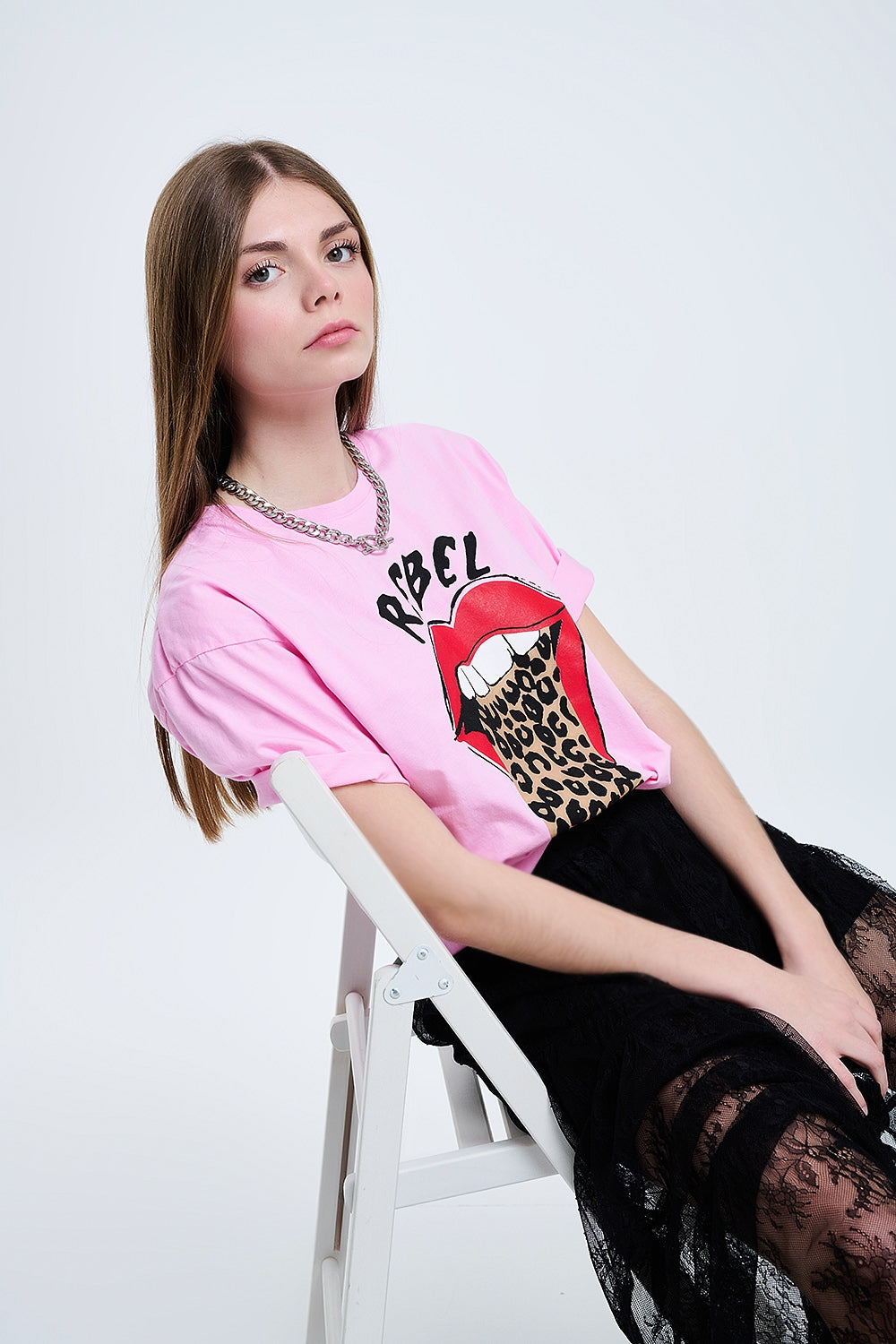 Q2 Pink Rebel Graphic Tee with Leopard Print Tongue