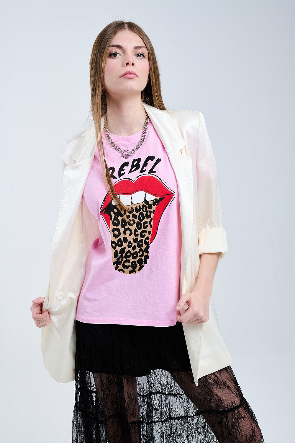 Pink Rebel Graphic Tee with Leopard Print Tongue