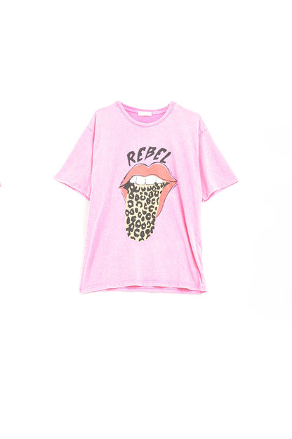 Pink Rebel Graphic Tee with Leopard Print Tongue