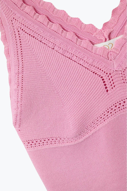 Pink Ribbed Knit Top with Scalloped V-Neck