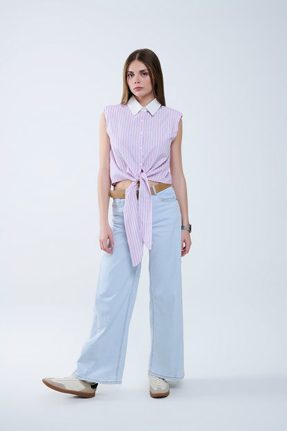 Pink Sleeveless Crop Top With Front Knot