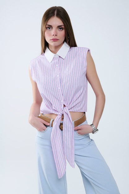 Pink Sleeveless Crop Top With Front Knot