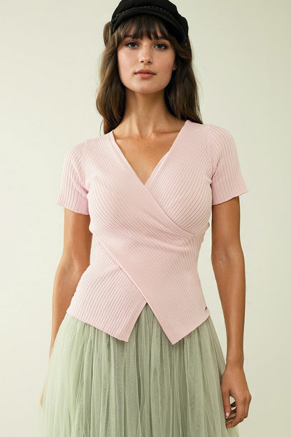 Pink sweater with crossed front and V-neck