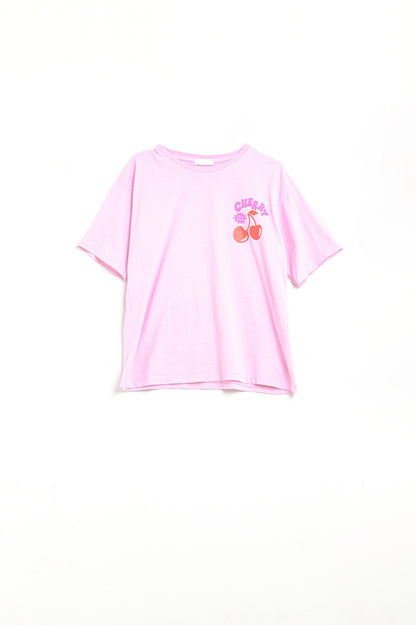 Q2 Pink T-shirt with Cherry in logo and letters