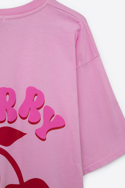 Pink T-shirt with Cherry in logo and letters