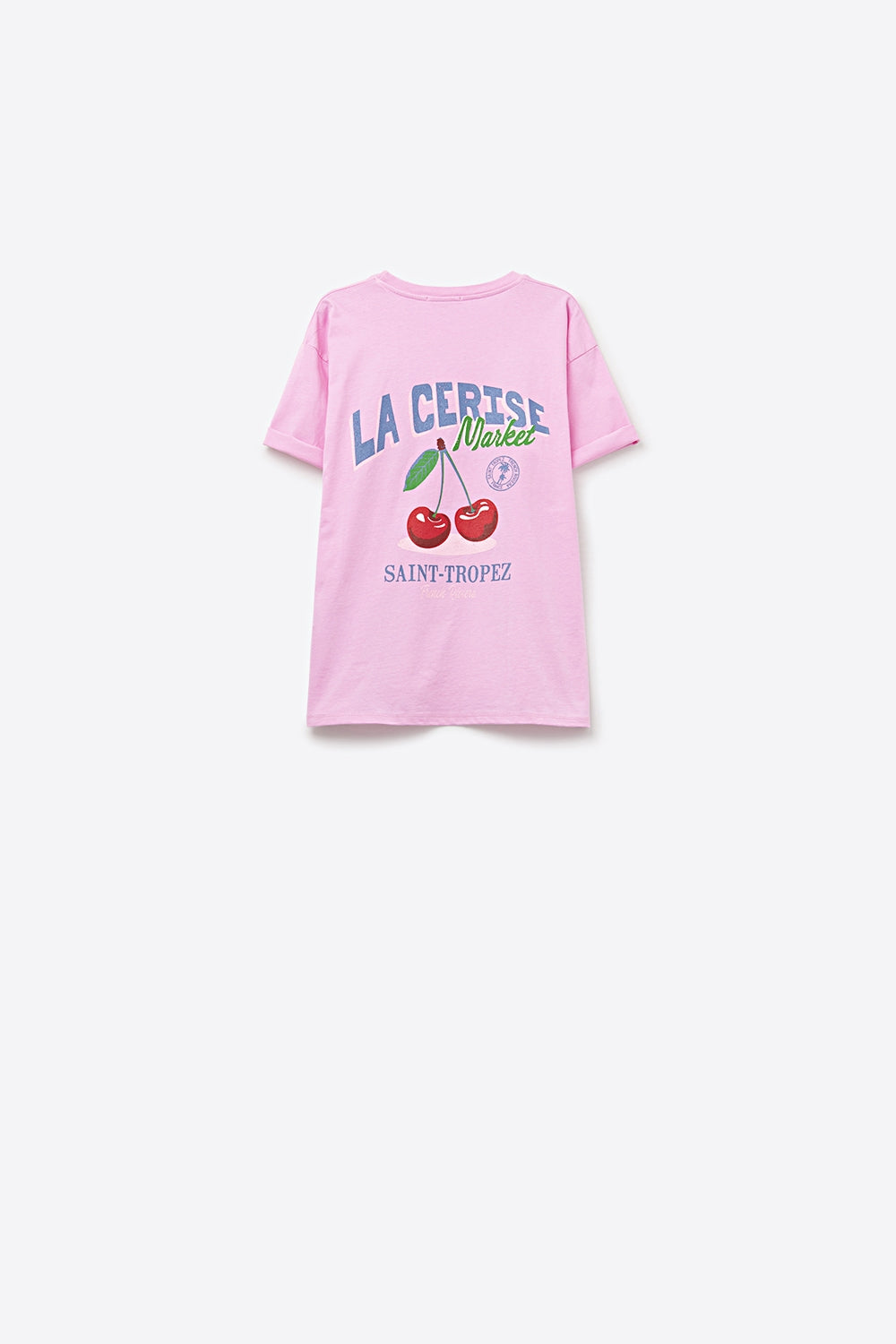 Pink T-shirt with La Cerise Market Saint-Tropez graphic