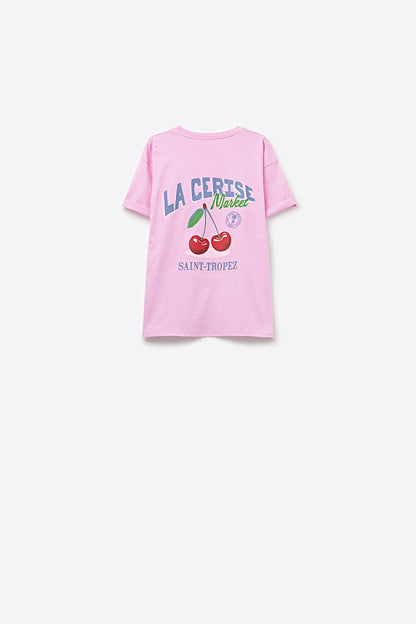 Pink T-shirt with La Cerise Market Saint-Tropez graphic