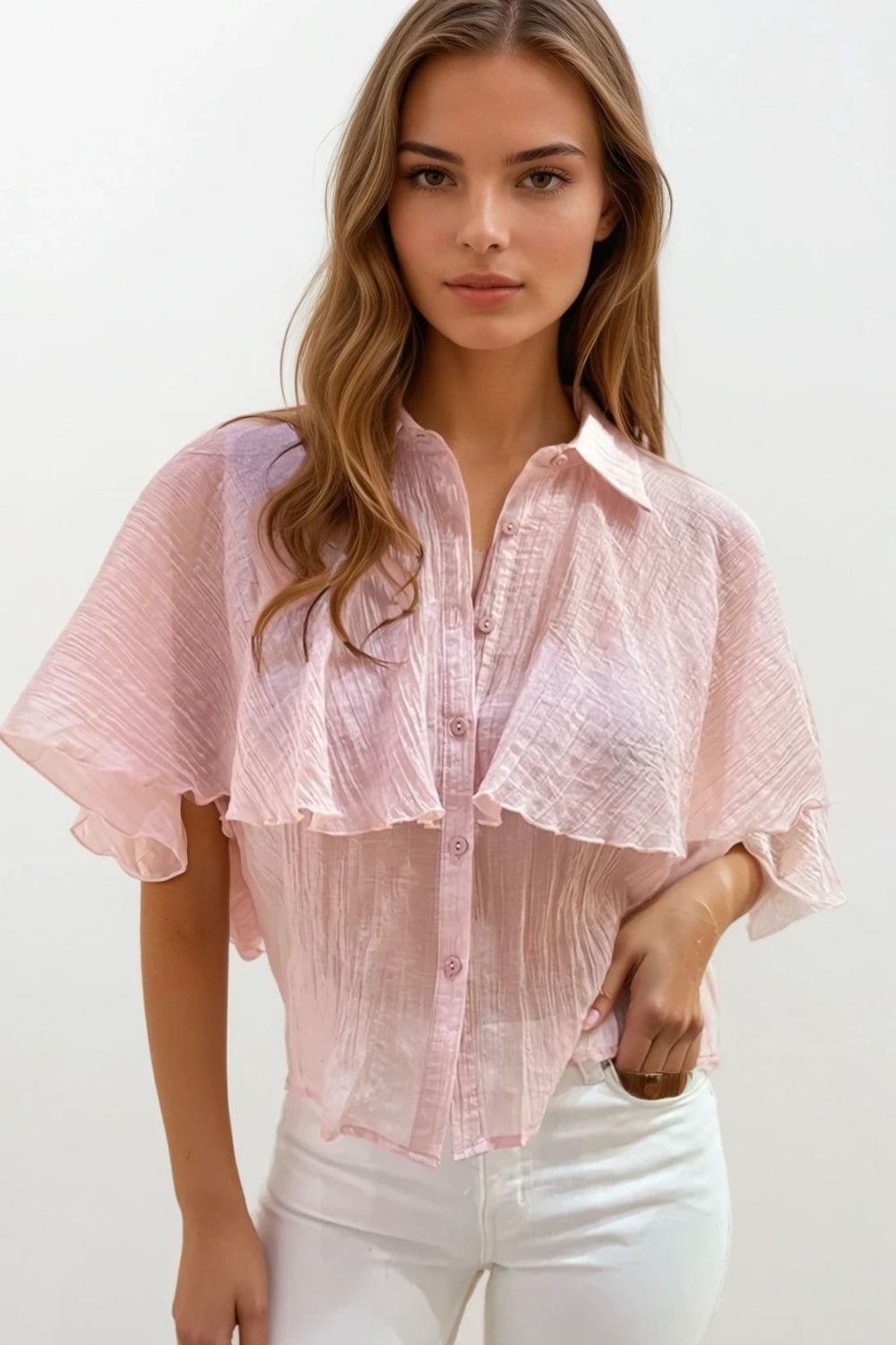Q2 Pink textured chiffon blouse with dropped sleeves
