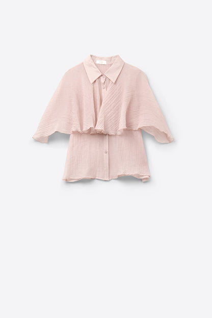 Pink textured chiffon blouse with dropped sleeves