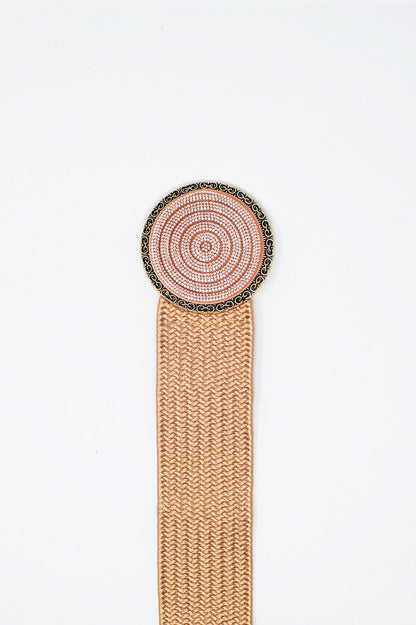 Pink woven belt with round buckle with rhinestones