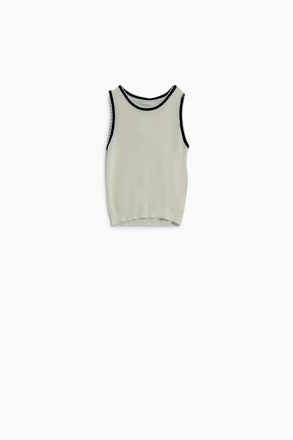 Pointelle White Sleeveless Top With Black and White Trim Detail