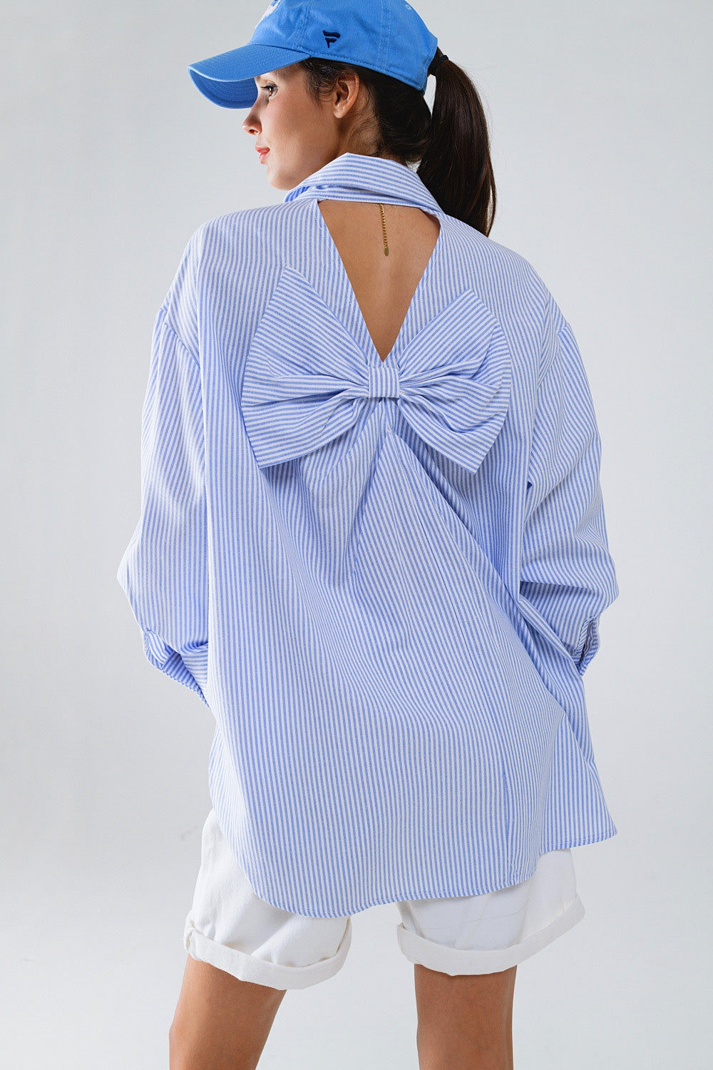 Poplin Oversize Striped Shirt With Bow Detail in Blue and White