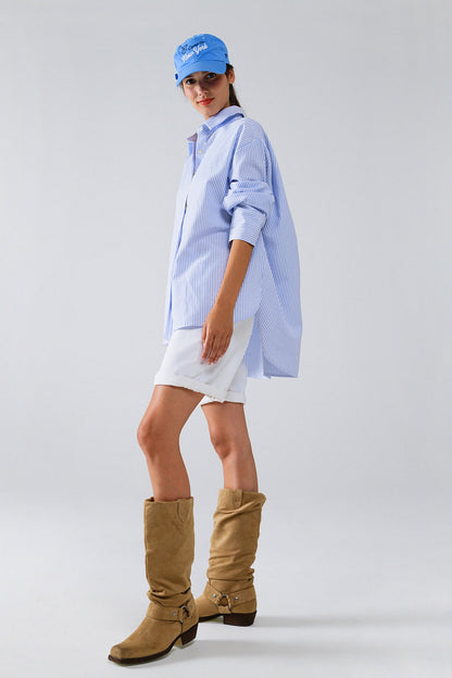 Poplin Oversize Striped Shirt With Bow Detail in Blue and White