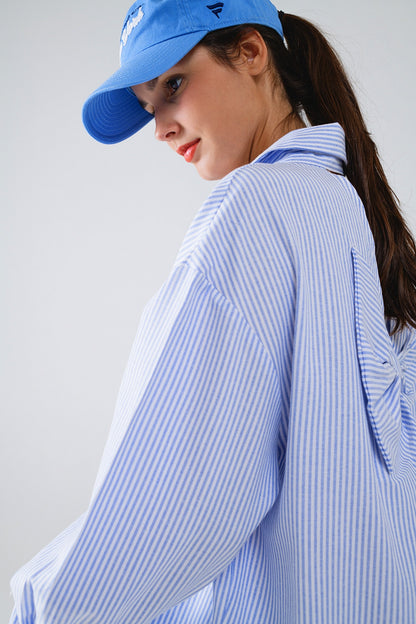Poplin Oversize Striped Shirt With Bow Detail in Blue and White