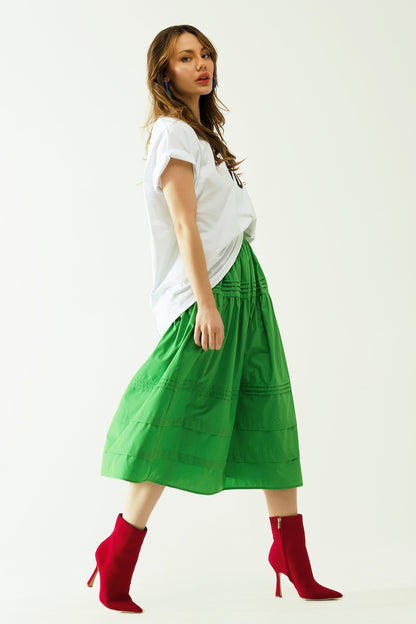 Poplin tiered midi skirt with stitching details in green
