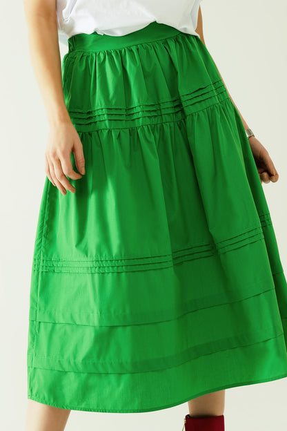 Poplin tiered midi skirt with stitching details in green
