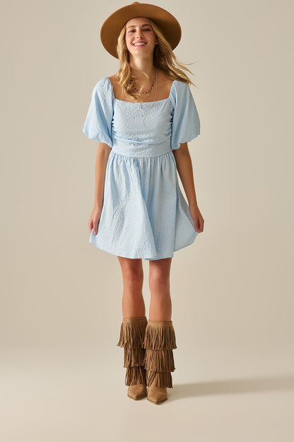 Puff Sleeve Textured Mini Dress in Light Blue