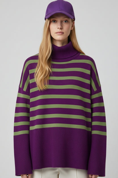 Purple oversized turtleneck sweater with green stripes and splits on the side