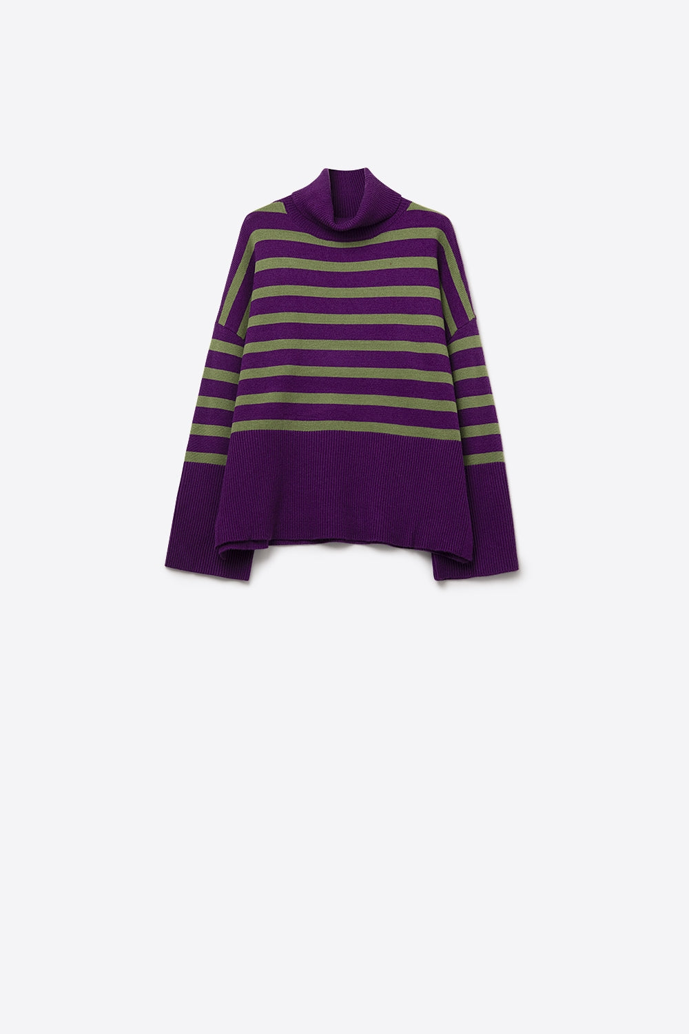 Q2 Purple oversized turtleneck sweater with green stripes and splits on the side