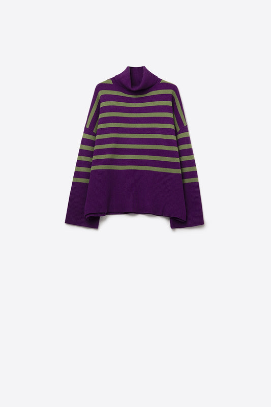 Q2 Purple oversized turtleneck sweater with green stripes and splits on the side