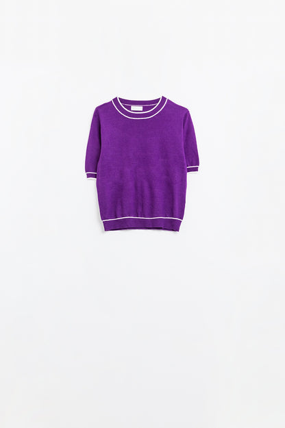 Q2 Purple short sleeve sweater with white line detail