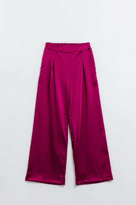Q2 Raspberry High Waist Satin Wide Leg Pants