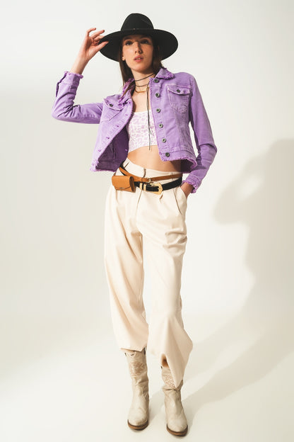 Raw edge denim jacket in purple