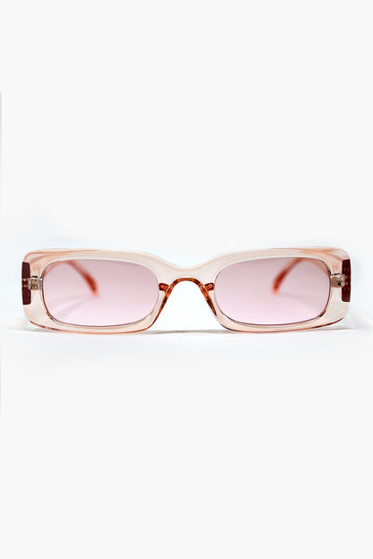 Q2 Rectangular Pink Transparent Sunglasses with pink Smoke Lenses