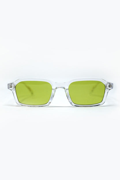 Q2 Rectangular Thick Acetate Clear Frame Sunglasses  With Green Smoke Lense
