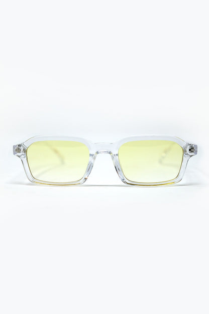 Q2 Rectangular Thick Acetate Clear Frame Sunglasses  With Yellow Smoke Lense