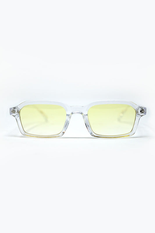Q2 Rectangular Thick Acetate Clear Frame Sunglasses  With Yellow Smoke Lense