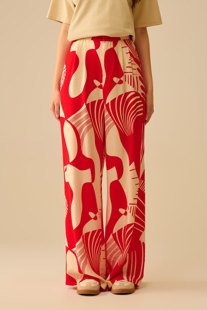 Q2 Red abstract print wide-leg trousers