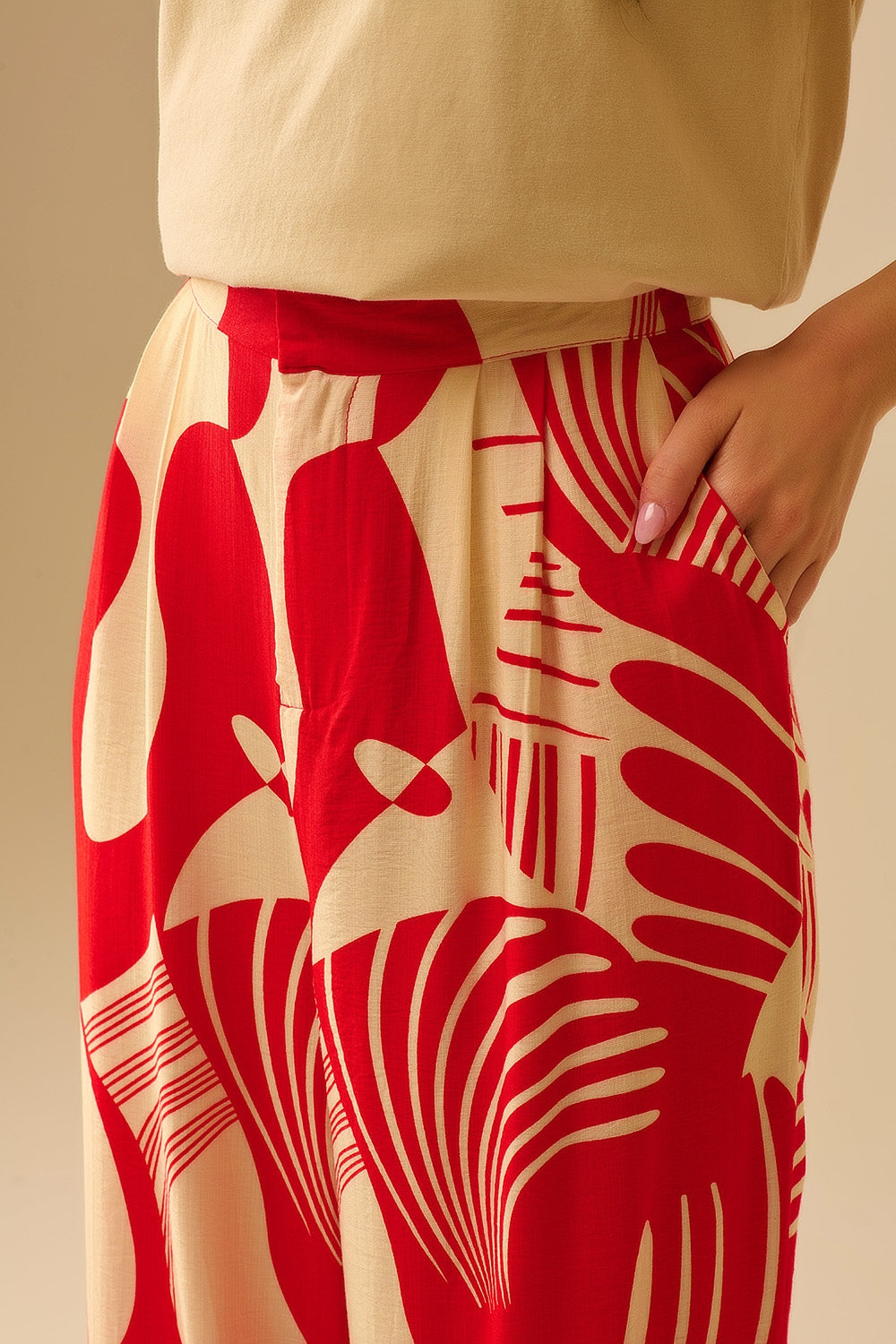 Red abstract print wide-leg trousers