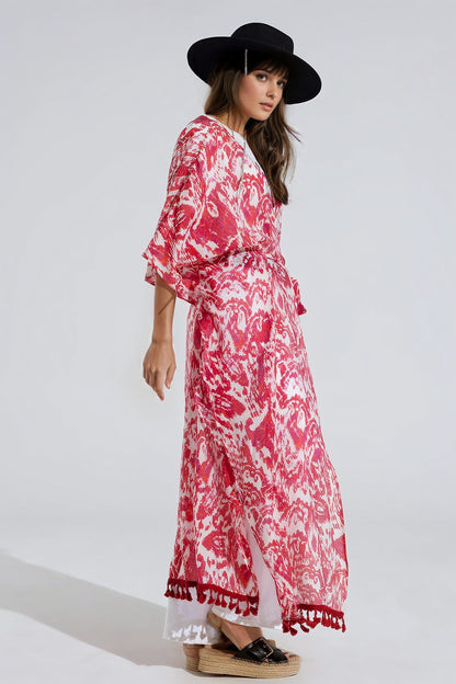 Red Long Kimono With Drawstring Closing in Tribal Print