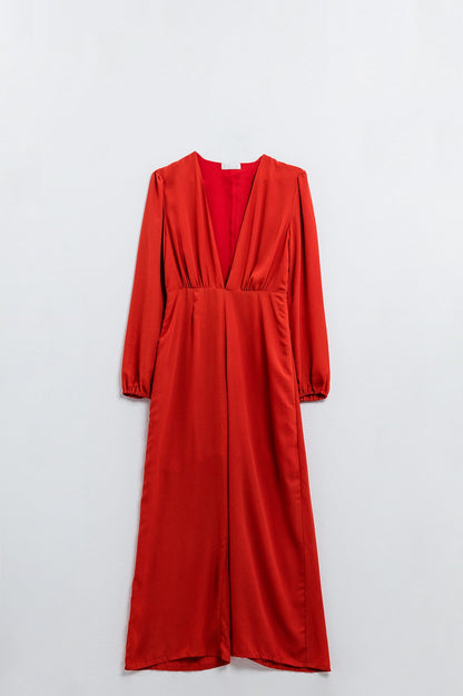 Q2 Red satin jumpsuit with V-neck