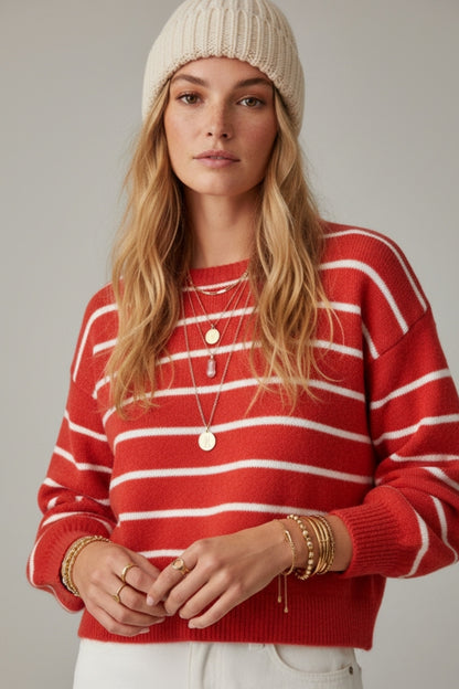 Red striped knit sweater with red heart detail