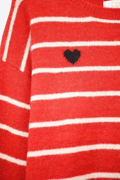 Red striped knit sweater with red heart detail