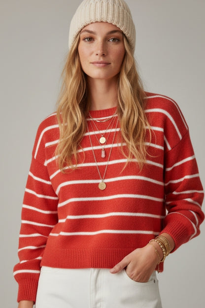 Red striped knit sweater with red heart detail