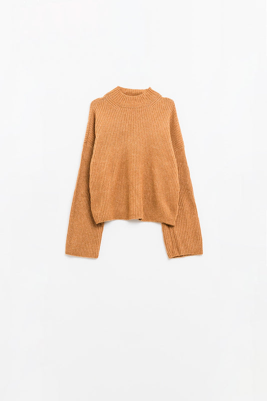 relaxed camel ribbed high neck sweater