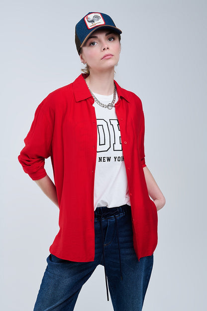 Q2 relaxed fit Red Shirt 3/4 Sleeves and High Low Hem