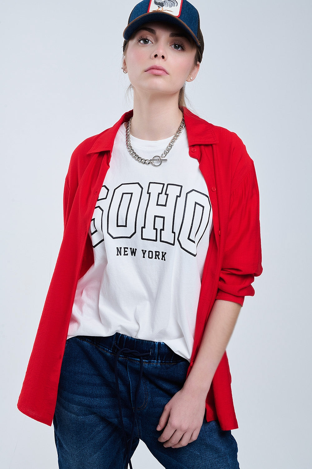 relaxed fit Red Shirt 3/4 Sleeves and High Low Hem