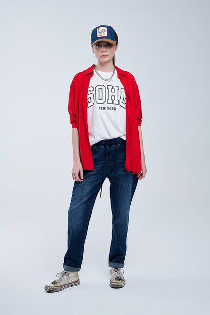 relaxed fit Red Shirt 3/4 Sleeves and High Low Hem
