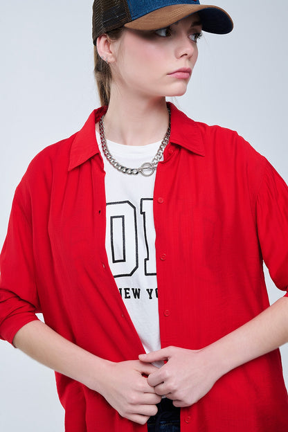 relaxed fit Red Shirt 3/4 Sleeves and High Low Hem