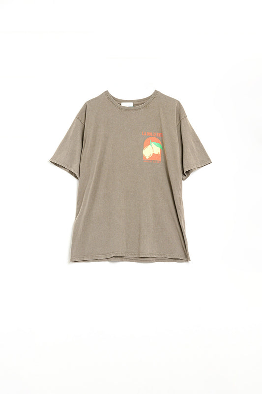 Q2 Relaxed Fit T-Shirt With La Dolce Vita Print in light Brown