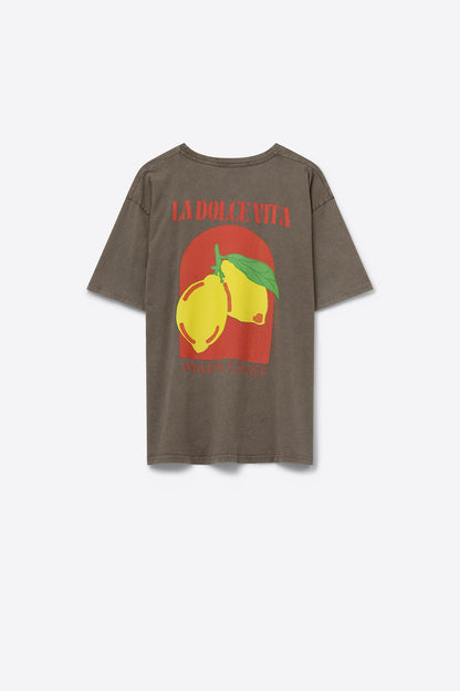 Relaxed Fit T-Shirt With La Dolce Vita Print in light Brown