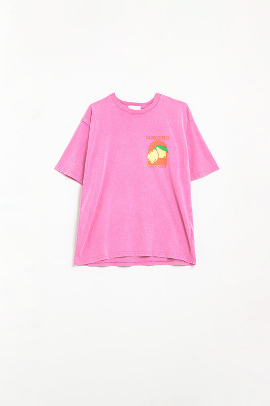 Q2 Relaxed Fit T-Shirt With La Dolce Vita Print in Pink